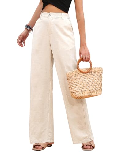 PASUDA Leinenhose Damen Sommer Weites Bein High Waist Sommerhose Einfarbig Freizeithose Geradem Lose Hosen mit Taschen Bequeme Lässige Elastischer Bund Stoffhose Lang (Beige, M) von PASUDA