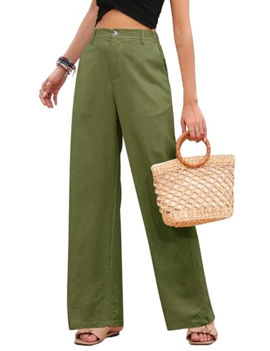 PASUDA Leinenhose Damen Sommer Weites Bein High Waist Sommerhose Einfarbig Freizeithose Geradem Lose Hosen mit Taschen Bequeme Lässige Elastischer Bund Stoffhose Lang (Grün, L) von PASUDA