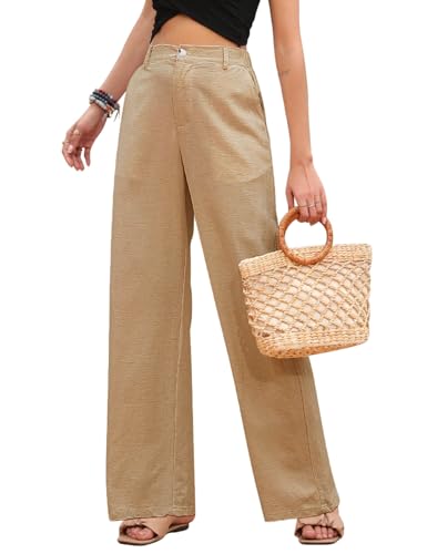 PASUDA Leinenhose Damen Sommer Weites Bein High Waist Sommerhose Einfarbig Freizeithose Geradem Lose Hosen mit Taschen Bequeme Lässige Elastischer Bund Stoffhose Lang (Khaki, S) von PASUDA