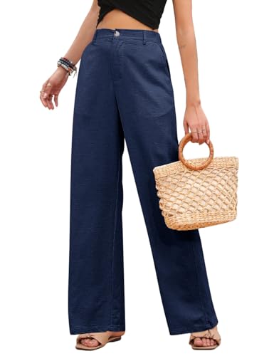 PASUDA Leinenhose Damen Sommer Weites Bein High Waist Sommerhose Einfarbig Freizeithose Geradem Lose Hosen mit Taschen Bequeme Lässige Elastischer Bund Stoffhose Lang (Marine, M) von PASUDA