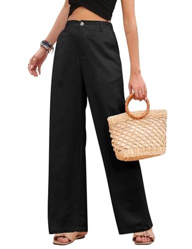 PASUDA Leinenhose Damen Sommer Weites Bein High Waist Sommerhose Einfarbig Freizeithose Geradem Lose Hosen mit Taschen Bequeme Lässige Elastischer Bund Stoffhose Lang (Schwarz, L) von PASUDA