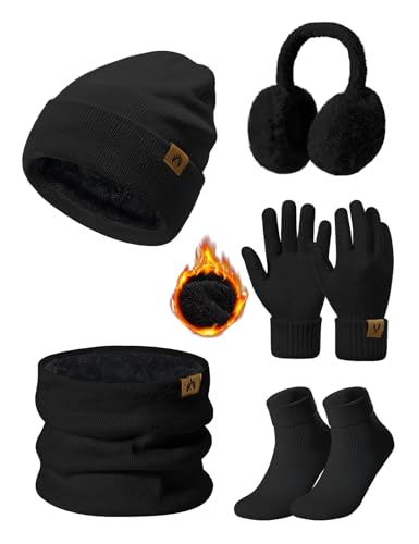 PASUDA Mützen Schal Handschuhe Damen Winter 5 Stücke Set Warme Fleece Gefütterte Beanie Wintermütze Halswärmer Touchscreen Handschuhe Plüsch Ohrenschützer Verdickte Socken Winterset(Schwarz, One Size) von PASUDA