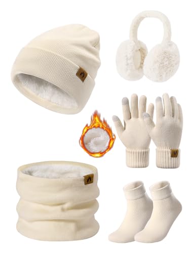 PASUDA Mützen Schal Handschuhe Damen Winter 5 Stücke Set Warme Fleece Gefütterte Beanie Wintermütze Halswärmer Touchscreen Handschuhe Plüsch Ohrenschützer Verdickte Socken Winterset (Beige, One Size) von PASUDA