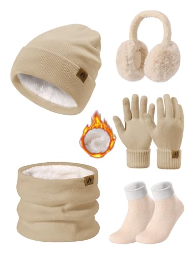 PASUDA Mützen Schal Handschuhe Damen Winter 5 Stücke Set Warme Fleece Gefütterte Beanie Wintermütze Halswärmer Touchscreen Handschuhe Plüsch Ohrenschützer Verdickte Socken Winterset (Khaki, One Size) PASUDA Mützen Schal Handschuhe Damen Winter 5 Stücke Set Warme Fleece Gefütterte Beanie Wintermütze Halswärmer Touchscreen Handschuhe Plüsch Ohrenschützer Verdickte Socken Winterset (Khaki, One Size) von PASUDA