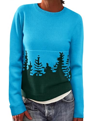 PASUDA Pullover Damen Casual Rundhals Strickpullover Winter Warm Weich Knit Pulli Lässig Lose Winterpullover Damenpullover Drucken Jumper Sweater (Blauer Weihnachtsbaum, XXL) von PASUDA