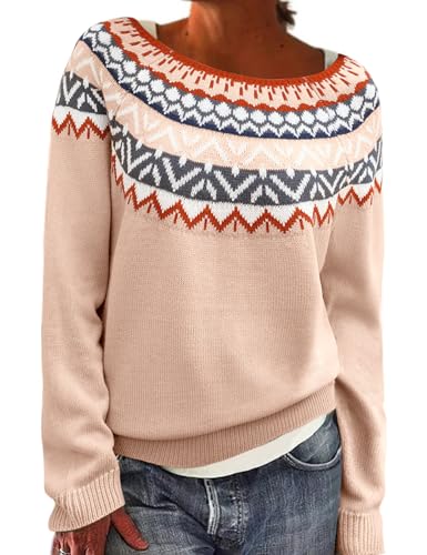 PASUDA Pullover Damen Casual Rundhals Strickpullover Winter Warm Weich Knit Pulli Lässig Lose Winterpullover Damenpullover Drucken Jumper Sweater (Brauner Fair Isle, M) von PASUDA