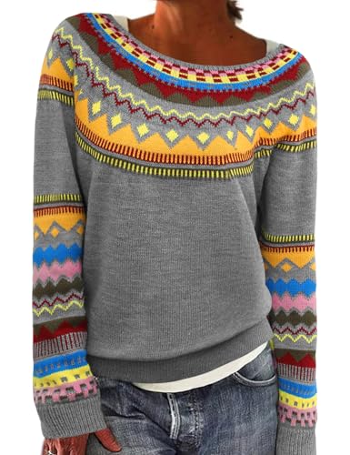PASUDA Pullover Damen Casual Rundhals Strickpullover Winter Warm Weich Knit Pulli Lässig Lose Winterpullover Damenpullover Drucken Jumper Sweater (Grauer Fair Isle, M) von PASUDA