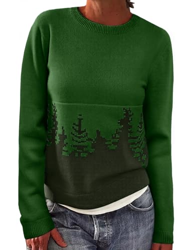 PASUDA Pullover Damen Casual Rundhals Strickpullover Winter Warm Weich Knit Pulli Lässig Lose Winterpullover Damenpullover Drucken Jumper Sweater (Grüner Weihnachtsbaum, S) von PASUDA