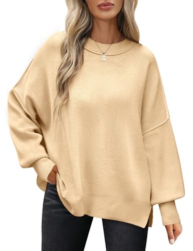 PASUDA Pullover Damen Herbst Winter Elegant Langarm Rundhals Strickpullover Oversize Lässige Loose Warm Winterpullover Weich Jumper Sweater(Aprikose,M) von PASUDA