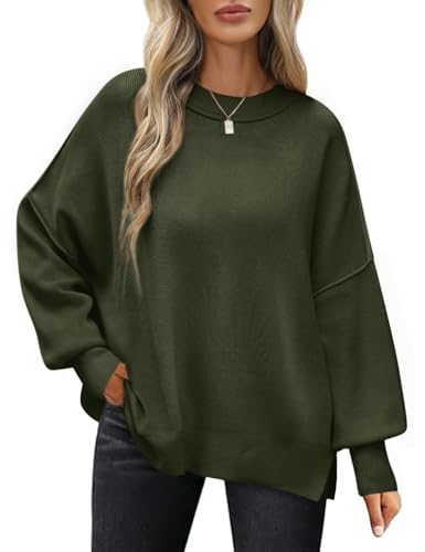 PASUDA Pullover Damen Herbst Winter Elegant Langarm Rundhals Strickpullover Oversize Lässige Loose Warm Winterpullover Weich Jumper Sweater(Armeegrün,L) von PASUDA