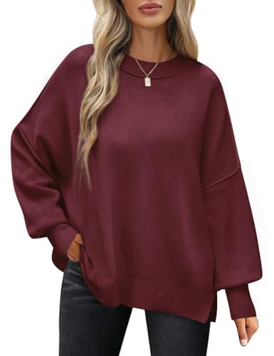 PASUDA Pullover Damen Herbst Winter Elegant Langarm Rundhals Strickpullover Oversize Lässige Loose Warm Winterpullover Weich Jumper Sweater(Burgundisch,S) von PASUDA