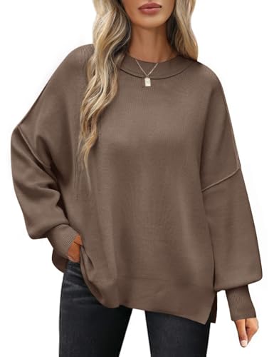 PASUDA Pullover Damen Herbst Winter Elegant Langarm Rundhals Strickpullover Oversize Lässige Loose Warm Winterpullover Weich Jumper Sweater(Muskatnuss,XXL) von PASUDA