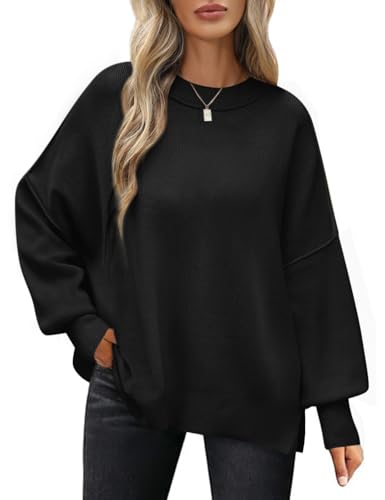 PASUDA Pullover Damen Herbst Winter Elegant Langarm Rundhals Strickpullover Oversize Lässige Loose Warm Winterpullover Weich Jumper Sweater(Schwarz,L) von PASUDA