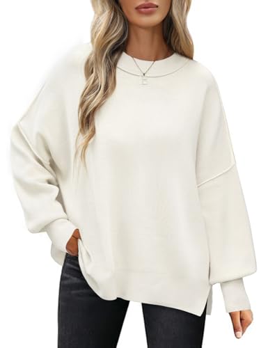 PASUDA Pullover Damen Herbst Winter Elegant Langarm Rundhals Strickpullover Oversize Lässige Loose Warm Winterpullover Weich Jumper Sweater(Weiß,M) von PASUDA
