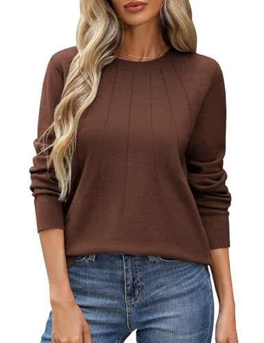 PASUDA Pullover Damen Herbst Winter Langarmshirt Elegant Sweatshirt Leichter Strickpullover Dünner Elastischer Casual Langarm Pulli Oberteile Rundhals Sweater Feinstrickpullover (Braun, L) von PASUDA