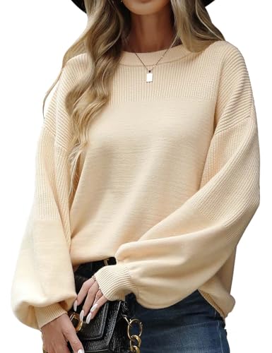 PASUDA Pullover Damen Oversize Strickpullover Winter Herbst Oberteile Lose Rundhals Warm Pulli Geripptes Outwear Pullover Lang Sweatshirt Langarm aus Strick Casual (Aprikose, M) von PASUDA