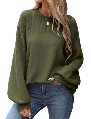 PASUDA Pullover Damen Oversize Strickpullover Winter Herbst Oberteile Lose Rundhals Warm Pulli Geripptes Outwear Pullover Lang Sweatshirt Langarm aus Strick Casual (Armeegrün, XL) von PASUDA