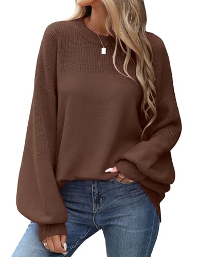 PASUDA Pullover Damen Oversize Strickpullover Winter Herbst Oberteile Lose Rundhals Warm Pulli Geripptes Outwear Pullover Lang Sweatshirt Langarm aus Strick Casual (Braun, M) von PASUDA