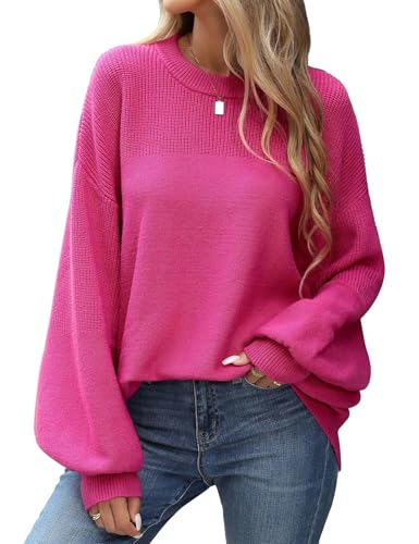 PASUDA Pullover Damen Oversize Strickpullover Winter Herbst Oberteile Lose Rundhals Warm Pulli Geripptes Outwear Pullover Lang Sweatshirt Langarm aus Strick Casual (Rosenrot, M) von PASUDA