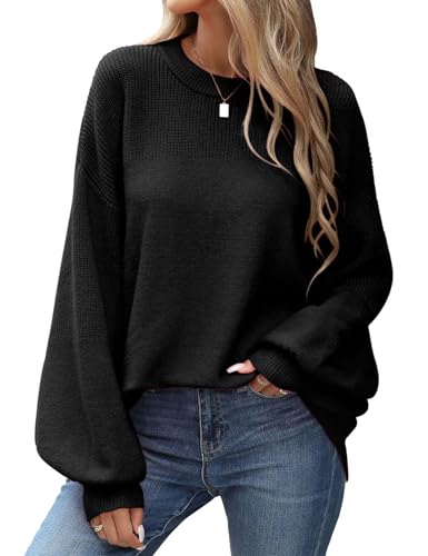 PASUDA Pullover Damen Oversize Strickpullover Winter Herbst Oberteile Lose Rundhals Warm Pulli Geripptes Outwear Pullover Lang Sweatshirt Langarm aus Strick Casual (Schwarz, S) von PASUDA