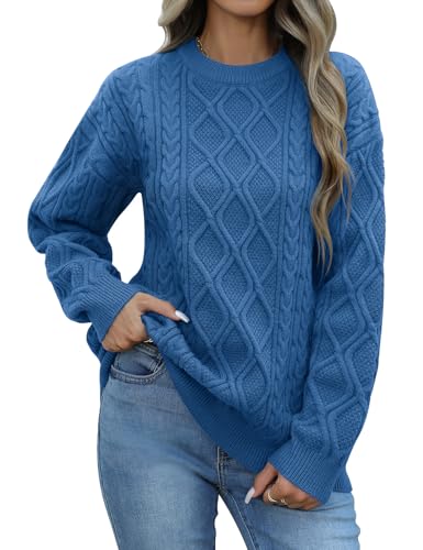 PASUDA Pullover Damen Winter Casual Rundhals Strickpullover Elegant Weicher Warmer Knitted Sweater Jumper Lose Grobstrick Pulli Langarm Sweatshirt Oberteile (Blau, XXL) von PASUDA