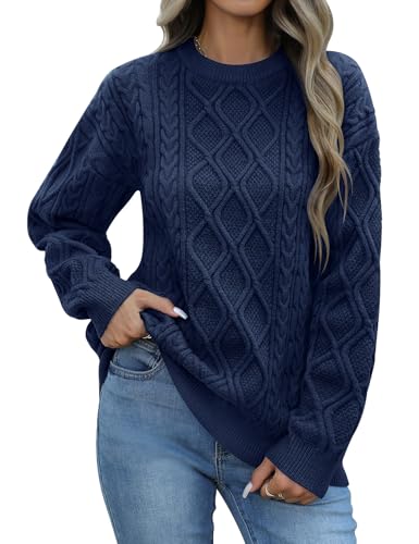 PASUDA Pullover Damen Winter Casual Rundhals Strickpullover Elegant Weicher Warmer Knitted Sweater Jumper Lose Grobstrick Pulli Langarm Sweatshirt Oberteile (Marineblau, L) von PASUDA