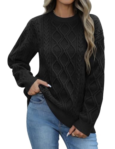 PASUDA Pullover Damen Winter Casual Rundhals Strickpullover Elegant Weicher Warmer Knitted Sweater Jumper Lose Grobstrick Pulli Langarm Sweatshirt Oberteile (Schwarz, M) von PASUDA