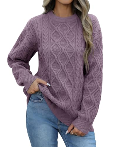 PASUDA Pullover Damen Winter Casual Rundhals Strickpullover Elegant Weicher Warmer Knitted Sweater Jumper Lose Grobstrick Pulli Langarm Sweatshirt Oberteile (Violett, XXL) von PASUDA