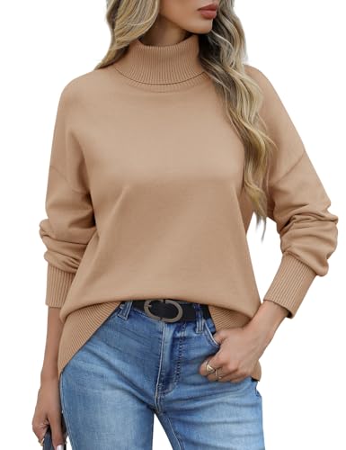 PASUDA Pullover Damen Winterpullover Elegant Rollkragenpullover Warm Strickpullover Herbst Lässige Turtleneck Damenpullover Langarm Stricktop Basic Sweatshirt(Khaki,M) von PASUDA