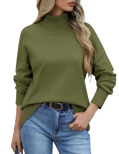 PASUDA Pullover Damen Winterpullover Elegant Rollkragenpullover Warm Strickpullover Herbst Lässige Turtleneck Damenpullover Langarm Stricktop Basic Sweatshirt(Militärgrün,M) von PASUDA