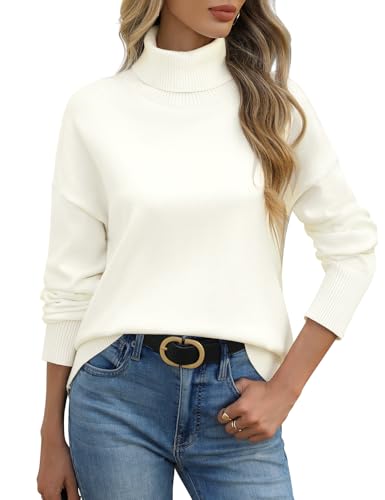 PASUDA Pullover Damen Winterpullover Elegant Rollkragenpullover Warm Strickpullover Herbst Lässige Turtleneck Damenpullover Langarm Stricktop Basic Sweatshirt(Weiß,S) von PASUDA
