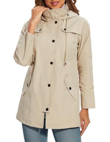 PASUDA Regenjacke Damen Wasserdichte Windbreaker mit Kapuze Lange Übergangsjacke Atmungsaktiv Gefütterte Regenmantel Funktionsjacke Outdoorjacke Wanderjacke Jacke (Khaki, L) von PASUDA