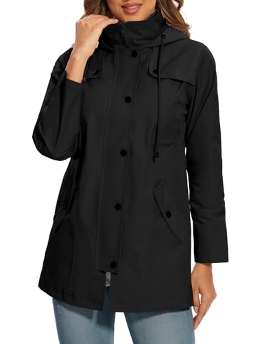 PASUDA Regenjacke Damen Wasserdichte Windbreaker mit Kapuze Lange Übergangsjacke Atmungsaktiv Gefütterte Regenmantel Funktionsjacke Outdoorjacke Wanderjacke Jacke (Schwarz, S) von PASUDA