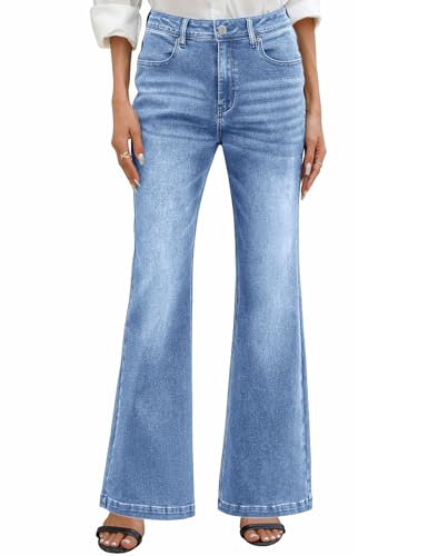 PASUDA Schlaghose Damen Jeans High Waist Stretch Bootcut Jeans Hohe Elastizität Jeanshose Flared Frühling Herbst Hosen Jeans Freizeit mit Taschen (Hellblau, XXL) von PASUDA