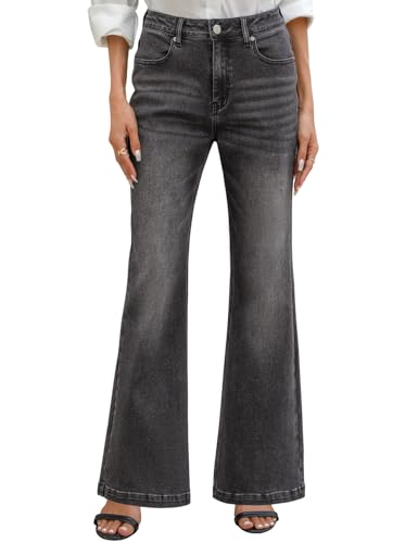 PASUDA Schlaghose Damen Jeans High Waist Stretch Bootcut Jeans Hohe Elastizität Jeanshose Flared Frühling Herbst Hosen Jeans Freizeit mit Taschen (Hellschwarz, XXL) von PASUDA