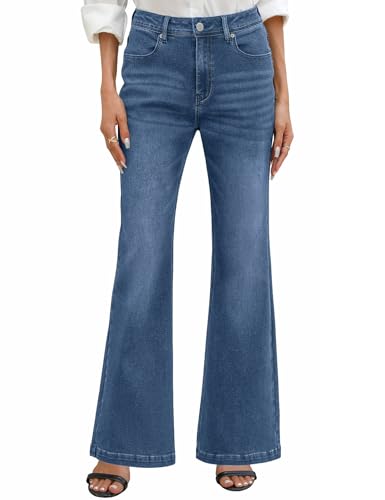 PASUDA Schlaghose Damen Jeans High Waist Stretch Bootcut Jeans Hohe Elastizität Jeanshose Flared Frühling Herbst Hosen Jeans Freizeit mit Taschen (Marineblau, L) von PASUDA