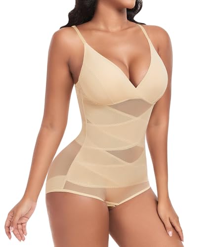 PASUDA Shapewear Damen Body Bauchweg Stark Formend Bodysuit mit Eingebauter BH Figurenformend Sexy Formbody Body Shaper Miederbody mit Bein Taillenformer Shaping Bodysuit (Haut, M) von PASUDA