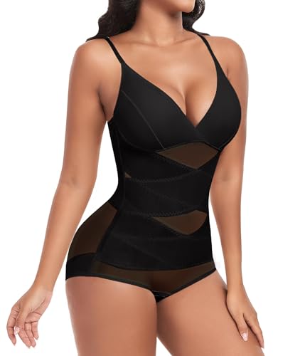 PASUDA Shapewear Damen Body Bauchweg Stark Formend Bodysuit mit Eingebauter BH Figurenformend Sexy Formbody Body Shaper Miederbody mit Bein Taillenformer Shaping Bodysuit (Schwarz, L) von PASUDA