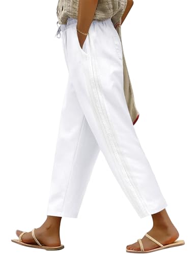 PASUDA Sommerhose Damen Leicht und Luftig Damen Hosen Sommer 7/8 Weiße Hose Elegant Stoffhose Elastischer Bund Weite Baumwollhose Lockere Freizeithose mit Tunnelzug und Taschen (Weiß, XXL) von PASUDA