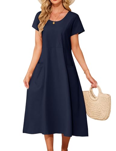 PASUDA Sommerkleid Damen Kleider Sommer Baumwolle Casual Kleid Kurzarm Lose Maxikleid Strandkleider Boho Lang Elegant Rundhalsausschnitt Freizeitkleid mit Taschen (Marineblau, M) von PASUDA
