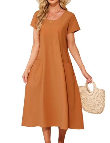 PASUDA Sommerkleid Damen Kleider Sommer Baumwolle Casual Kleid Kurzarm Lose Maxikleid Strandkleider Boho Lang Elegant Rundhalsausschnitt Freizeitkleid mit Taschen (Orange, M) von PASUDA