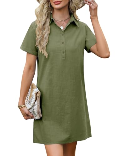 PASUDA Sommerkleid Damen Kleider Sommer Leicht und Luftig Kurzarm Midikleid Sommerkleider Baumwolle Freizeitkleider Tunika Strandkleid Casual Elegant Blusenkleid mit Taschen (Grün, XL) von PASUDA