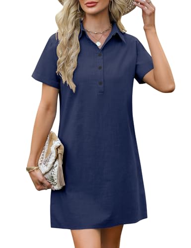 PASUDA Sommerkleid Damen Kleider Sommer Leicht und Luftig Kurzarm Midikleid Sommerkleider Baumwolle Freizeitkleider Tunika Strandkleid Casual Elegant Blusenkleid mit Taschen (Marineblau, L) von PASUDA
