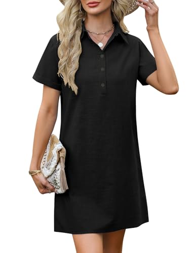 PASUDA Sommerkleid Damen Kleider Sommer Leicht und Luftig Kurzarm Midikleid Sommerkleider Baumwolle Freizeitkleider Tunika Strandkleid Casual Elegant Blusenkleid mit Taschen (Schwarz, XL) von PASUDA