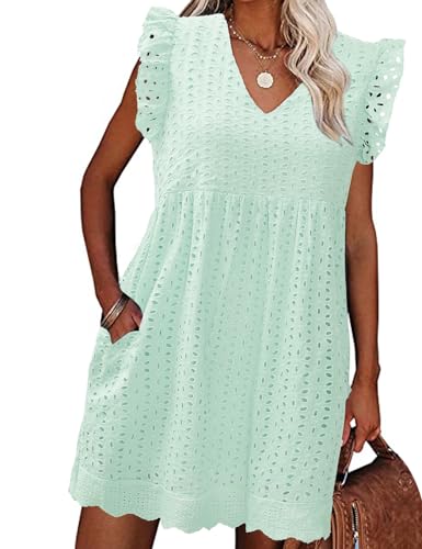 PASUDA Sommerkleid Damen Kleider V Ausschnitt Freizeitkleider Elegant Midi Kleid High Waist A-Linien Strandkleider mit Tasche (Grün, M) von PASUDA