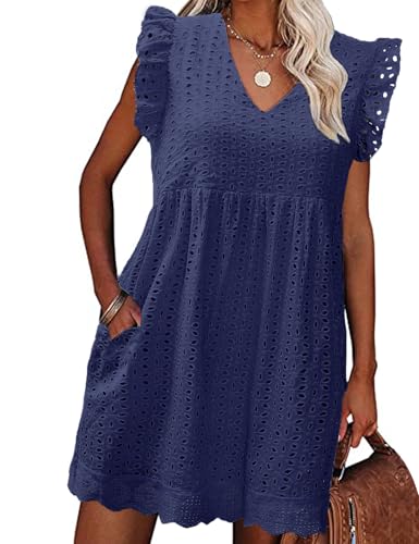 PASUDA Sommerkleid Damen Kleider V Ausschnitt Freizeitkleider Elegant Midi Kleid High Waist A-Linien Strandkleider mit Tasche (Marineblau, M) von PASUDA
