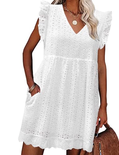 PASUDA Sommerkleid Damen Kleider V Ausschnitt Freizeitkleider Elegant Midi Kleid High Waist A-Linien Strandkleider mit Tasche (Weiß, M) von PASUDA