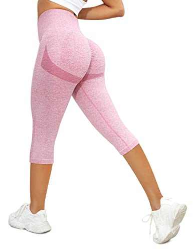 PASUDA Sport Leggings Damen Capri 3/4 Lang High Waist Yoga Leggins Push Up Blickdicht Elastische Fitness Yogahose Jogging Shape Gym Sporthose Workout Pants (Rosa, L) von PASUDA