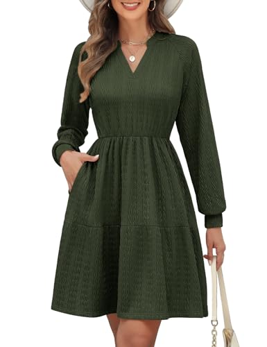 PASUDA Strickkleid Damen Langarm Pulloverkleid Elegant Kleid Herbst Winter Frühling V-Ausschnitt Herbstkleid Winterkleid Casual Knielang Kurzkleid Bequem A Linien mit Taschen (Armeegrün, S) von PASUDA