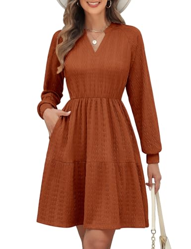 PASUDA Strickkleid Damen Langarm Pulloverkleid Elegant Kleid Herbst Winter Frühling V-Ausschnitt Herbstkleid Winterkleid Casual Knielang Kurzkleid Bequem A Linien mit Taschen (Braun, M) von PASUDA
